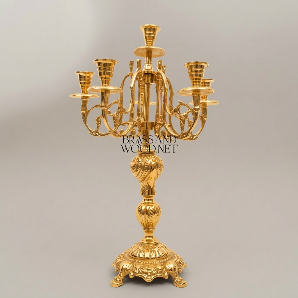 Baroque Brass 7-Arm Candelabra with Acanthus Stem & Scrolled Arms — Gold