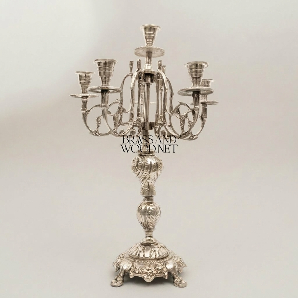 Baroque Brass 7-Arm Candelabra with Acanthus Stem & Scrolled Arms — Silver