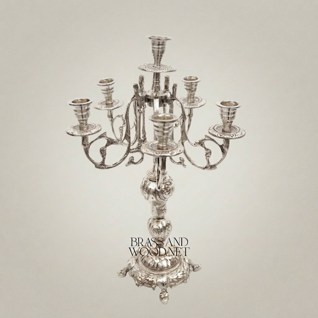 Baroque Brass 7-Arm Candelabra with Acanthus Stem & Scrolled Arms — Silver