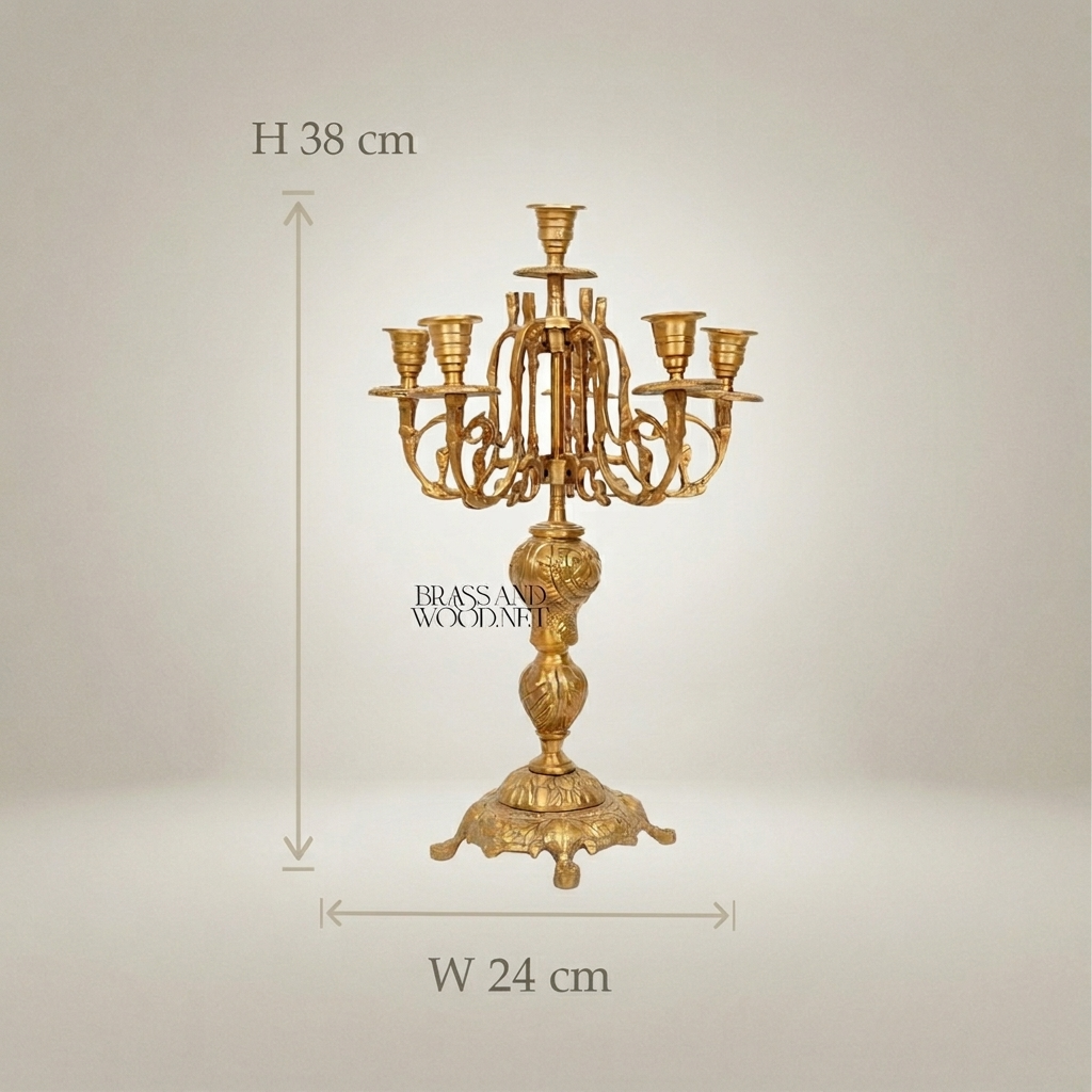 Baroque Brass 7-Arm Candelabra with Ornate Scrollwork Base