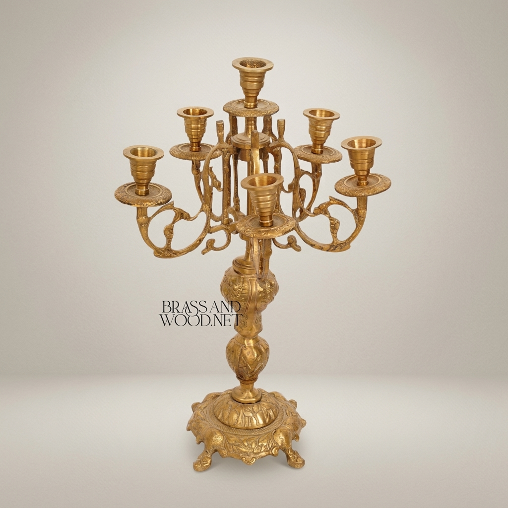 Baroque Brass 7-Arm Candelabra with Ornate Scrollwork Base
