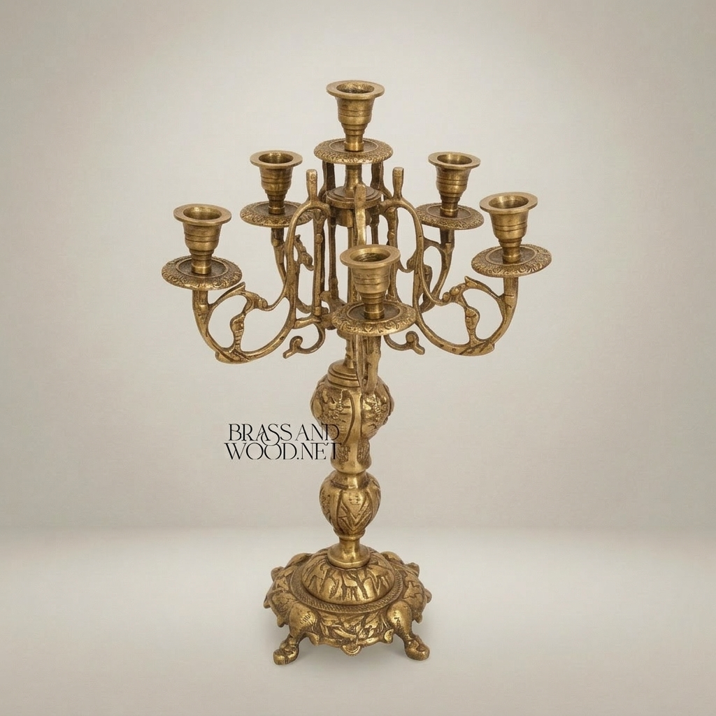 Baroque Brass 7-Arm Candelabra with Ornate Scrollwork Base — Antique Gold