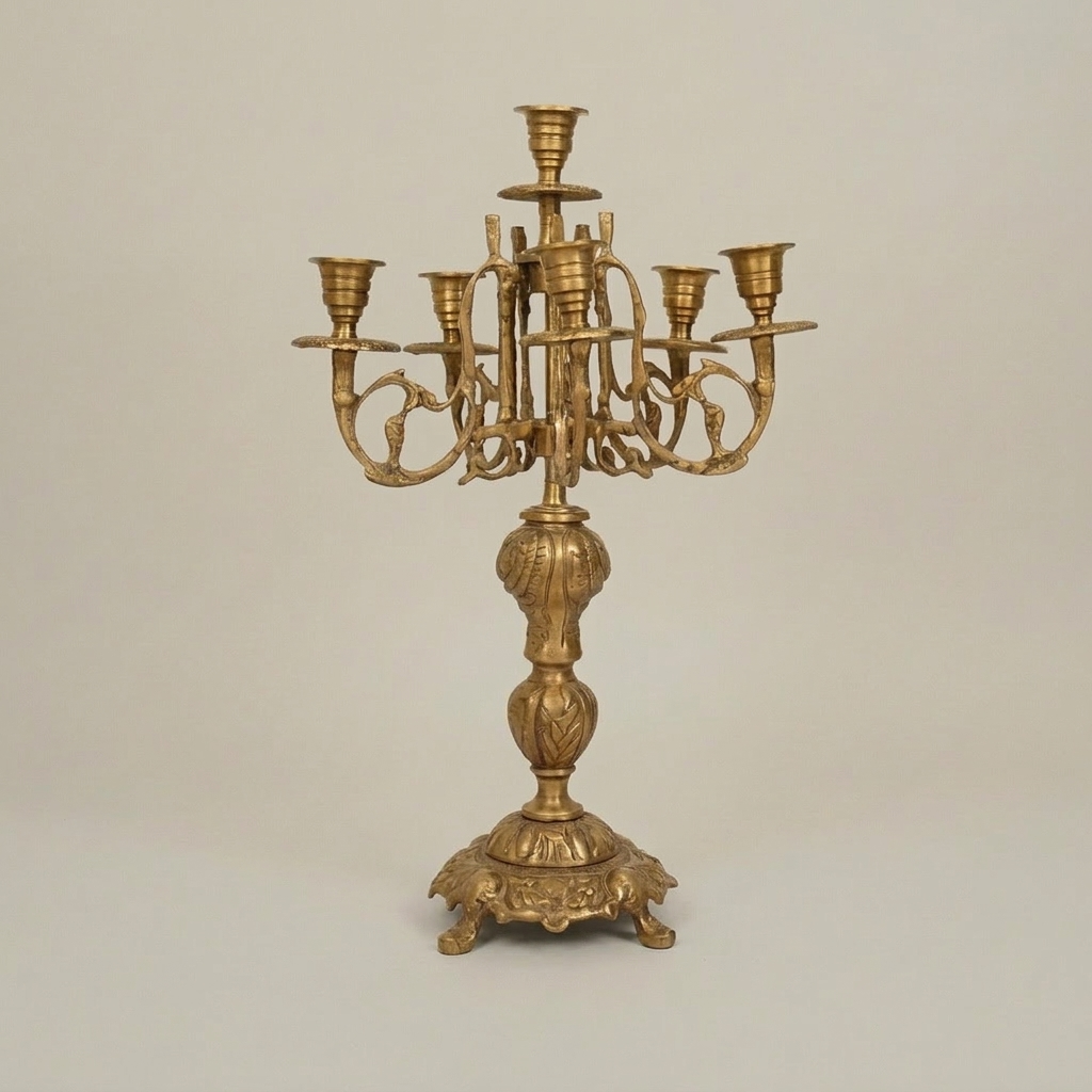 Baroque Brass 7-Arm Candelabra with Ornate Scrollwork Base — Antique Gold