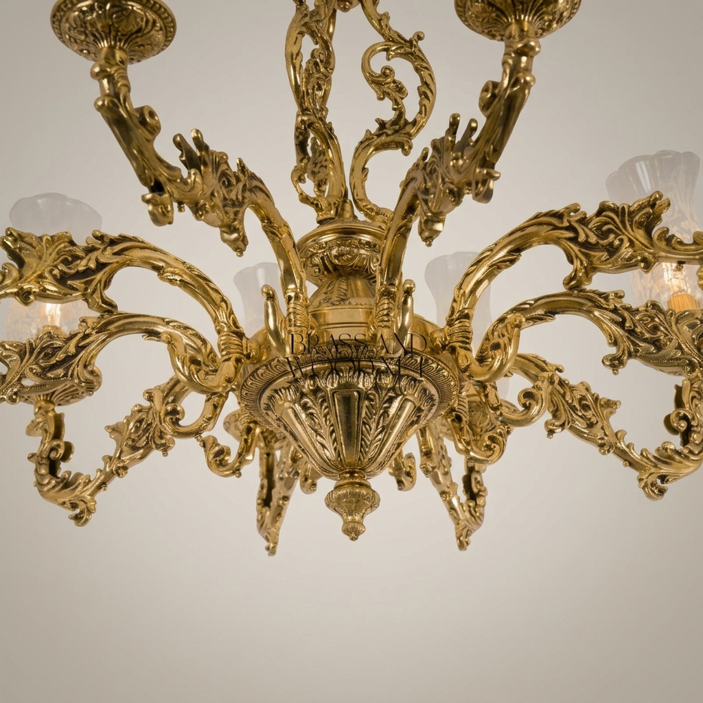 Baroque Brass 8-Arm Chandelier with Hurricane Glass Shades & Crystal Drops — Antique Gold