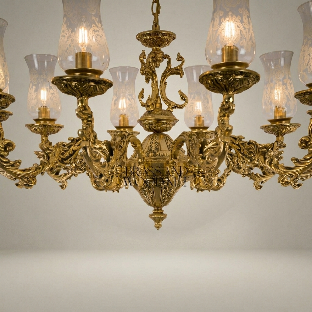 Baroque Brass 8-Arm Chandelier with Hurricane Glass Shades & Crystal Drops — Antique Gold