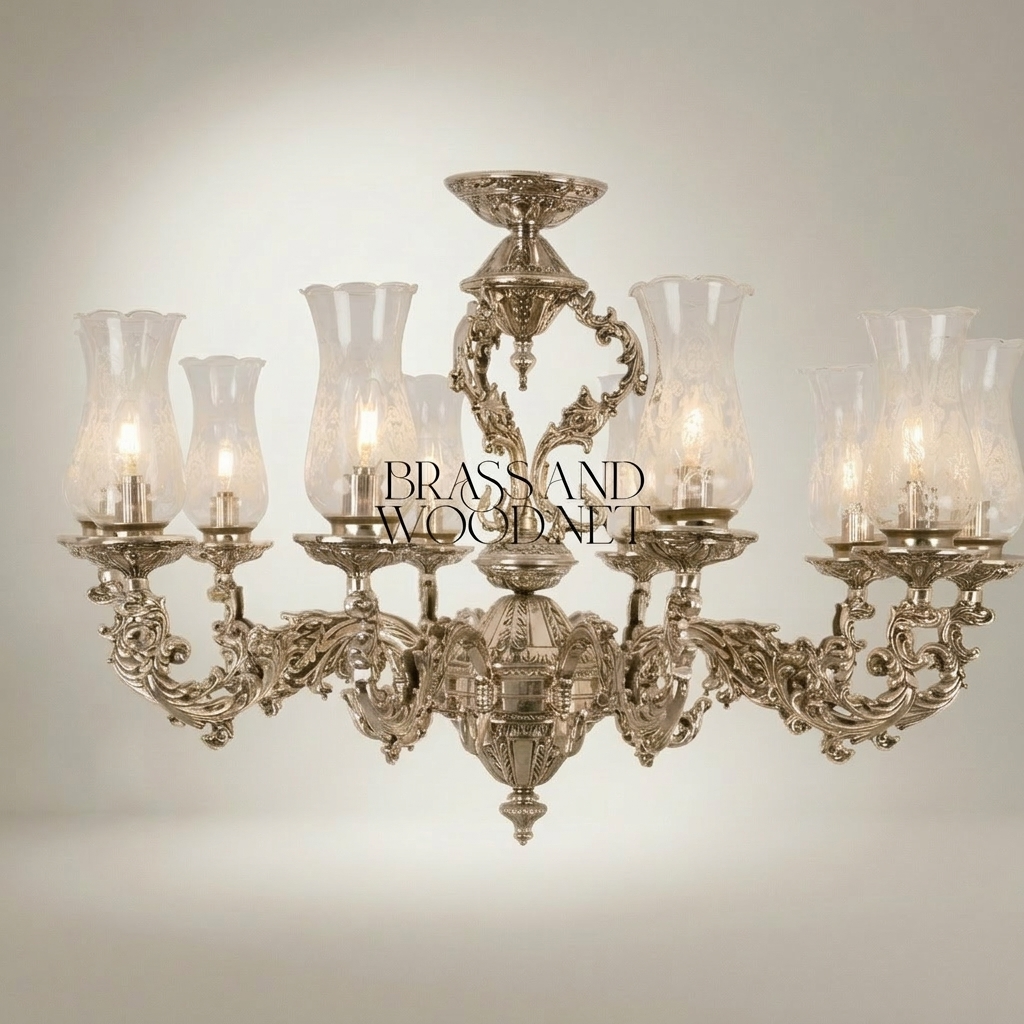 Baroque Brass 8-Arm Chandelier with Hurricane Glass Shades & Crystal Drops — Silver