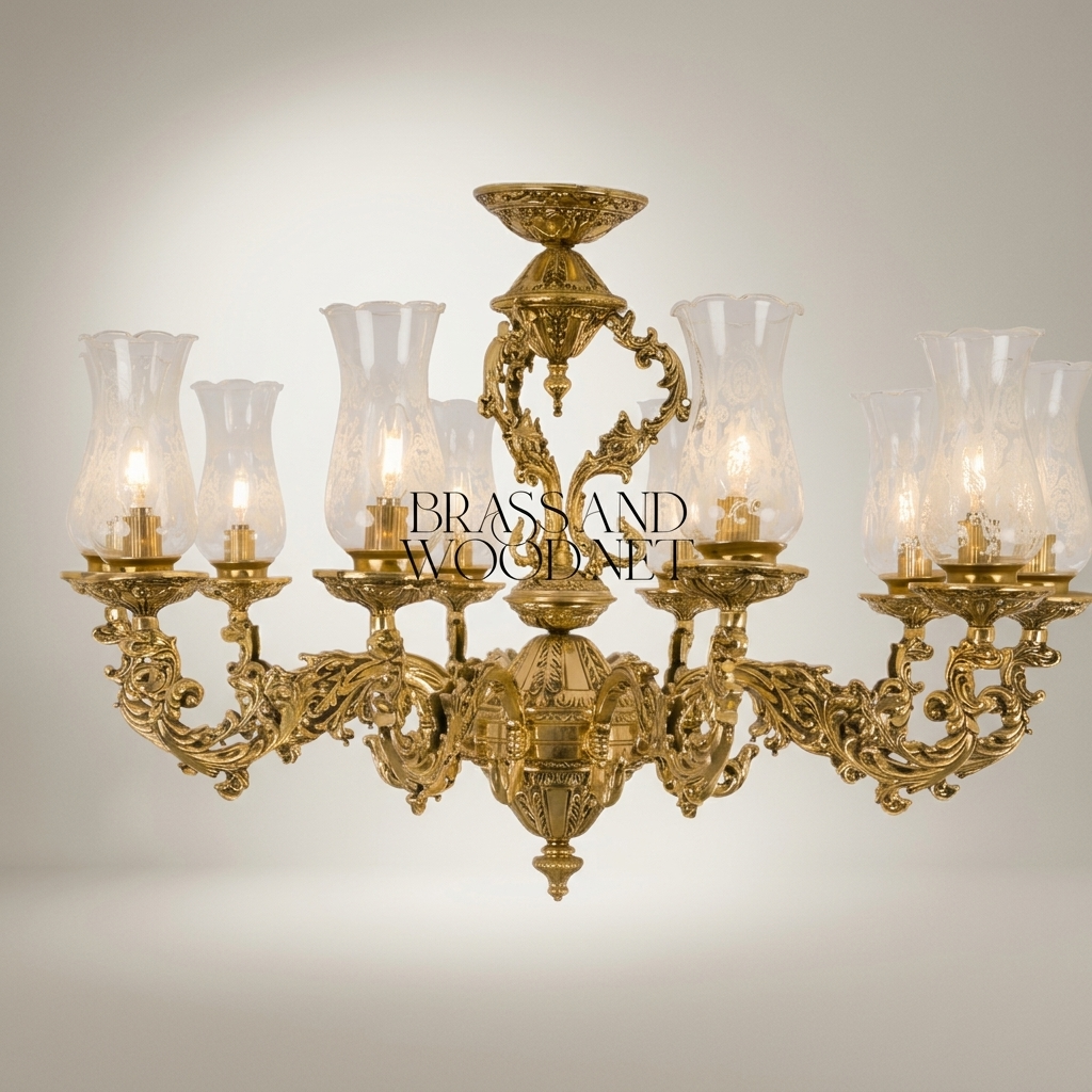 Baroque Brass 8-Arm Chandelier with Hurricane Glass Shades & Crystal Drops — Antique Gold