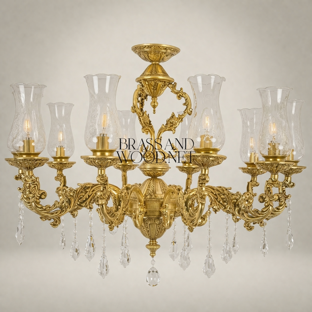 Baroque Brass 8-Arm Chandelier with Hurricane Glass Shades & Crystal Drops — Gold