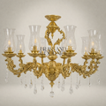 Baroque Brass 8-Arm Chandelier with Hurricane Glass Shades & Crystal Drops — Gold
