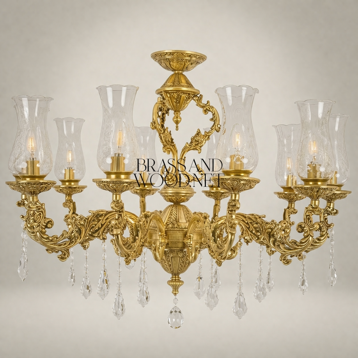 Baroque Brass 8-Arm Chandelier with Hurricane Glass Shades & Crystal Drops — Gold