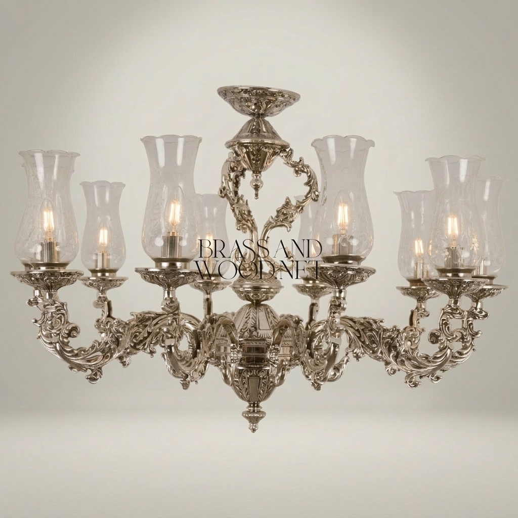 Baroque Brass 8-Arm Chandelier with Hurricane Glass Shades & Crystal Drops — Silver