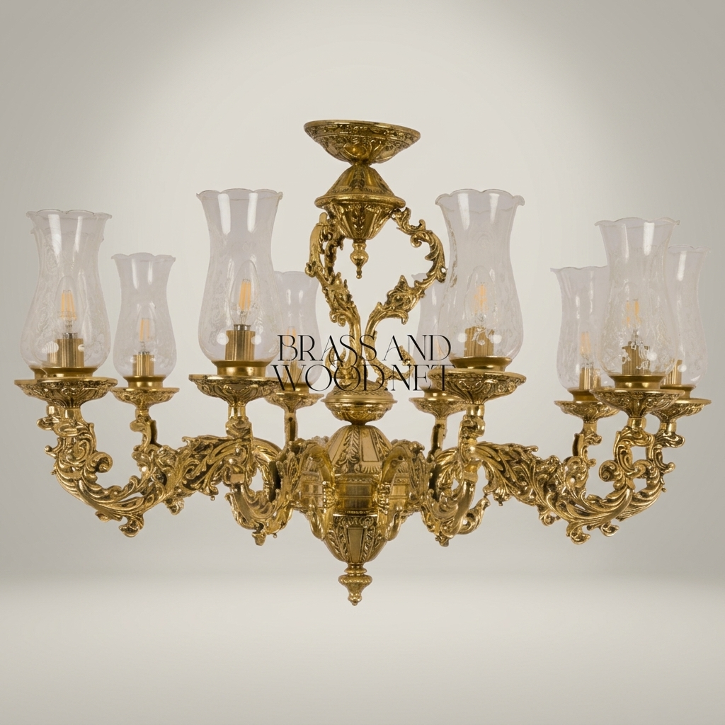 Baroque Brass 8-Arm Chandelier with Hurricane Glass Shades & Crystal Drops — Antique Gold