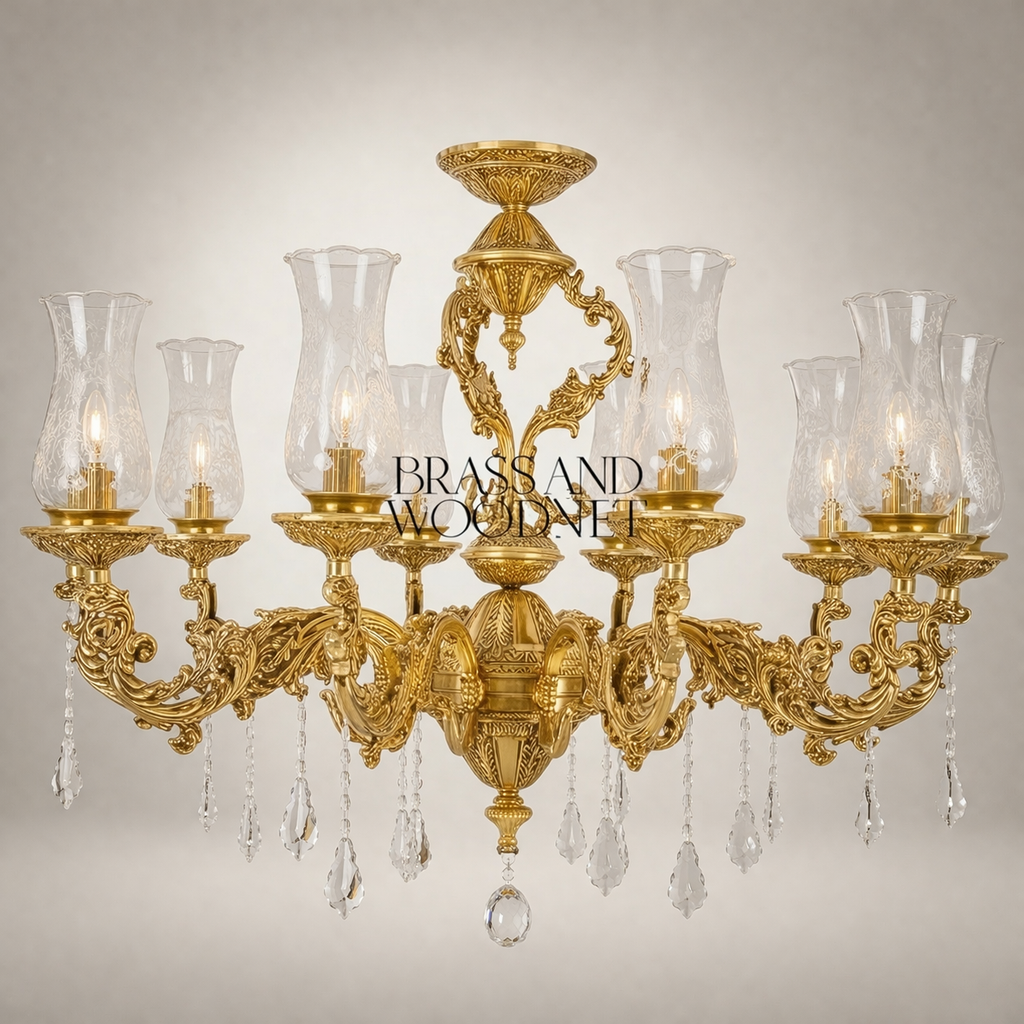 Baroque Brass 8-Arm Chandelier with Hurricane Glass Shades & Crystal Drops