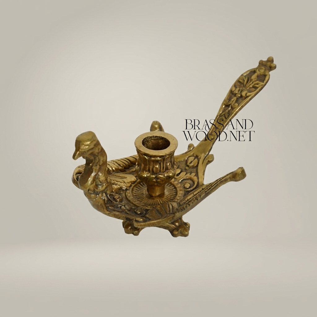 Baroque Brass Aladdin Oil Lamp Candle Holder with Acanthus Scroll Handle — Antique Gold