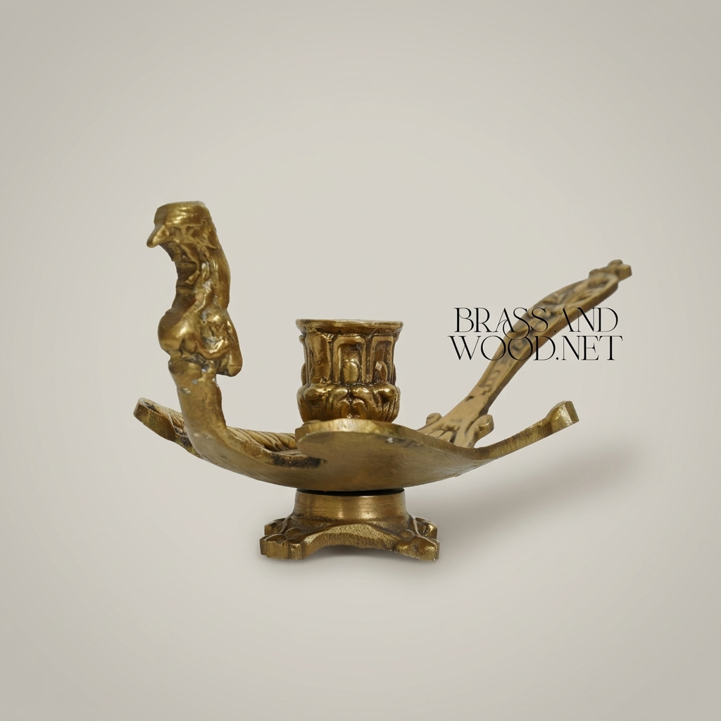 Baroque Brass Aladdin Oil Lamp Candle Holder with Acanthus Scroll Handle — Antique Gold