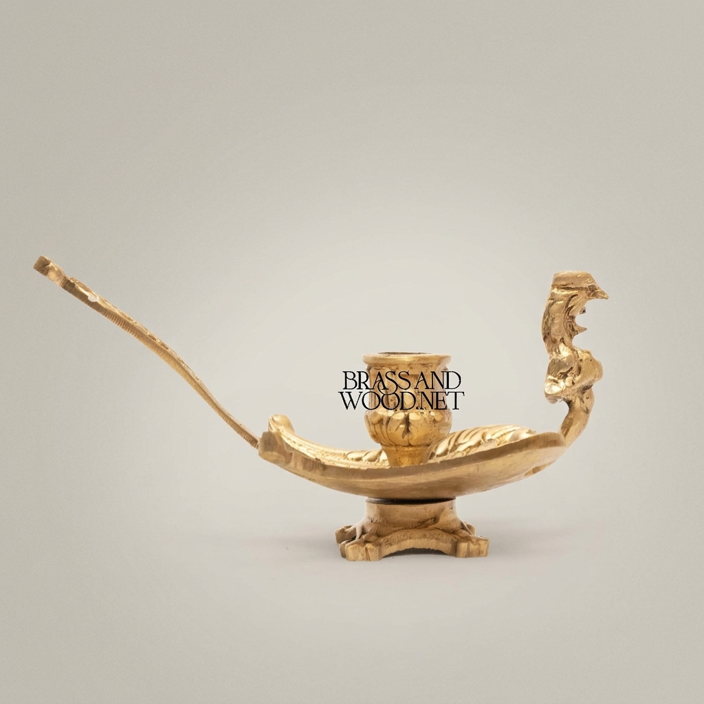 Baroque Brass Aladdin Oil Lamp Candle Holder with Acanthus Scroll Handle — Antique Gold