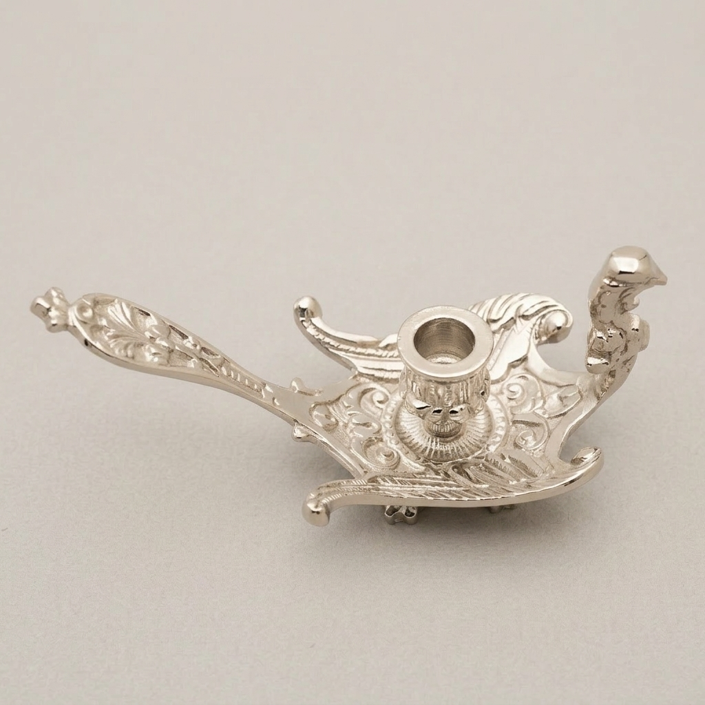 Baroque Brass Aladdin Oil Lamp Candle Holder with Acanthus Scroll Handle — Silver