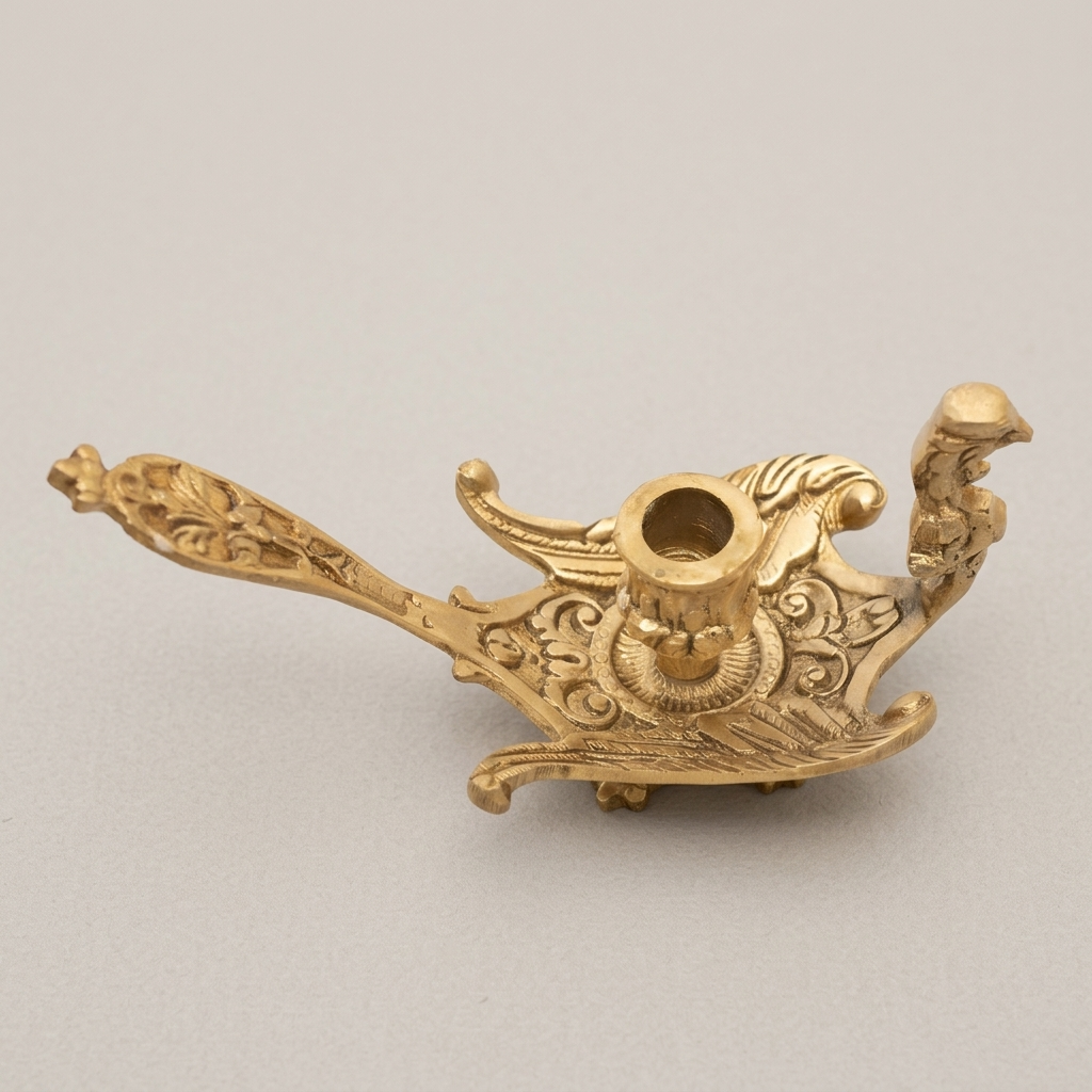 Baroque Brass Aladdin Oil Lamp Candle Holder with Acanthus Scroll Handle — Antique Gold