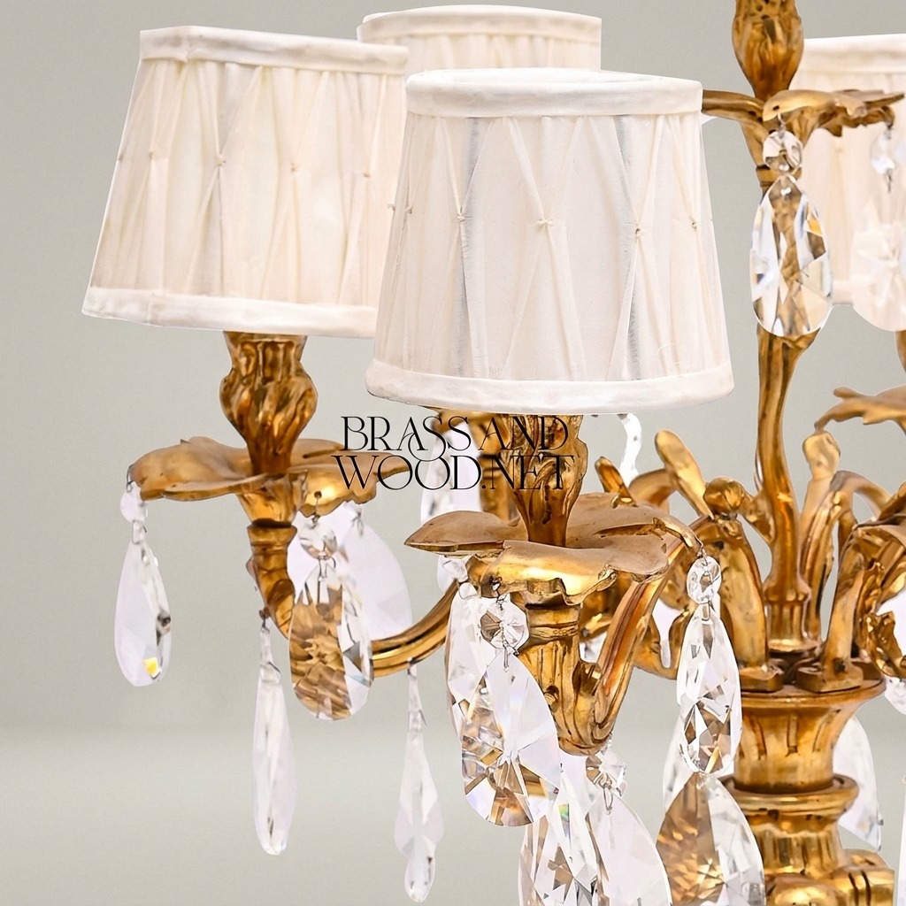 Baroque Brass Candelabra Table Lamp - 5-Arm Crystal Drops & Fabric Shades — Antique Gold