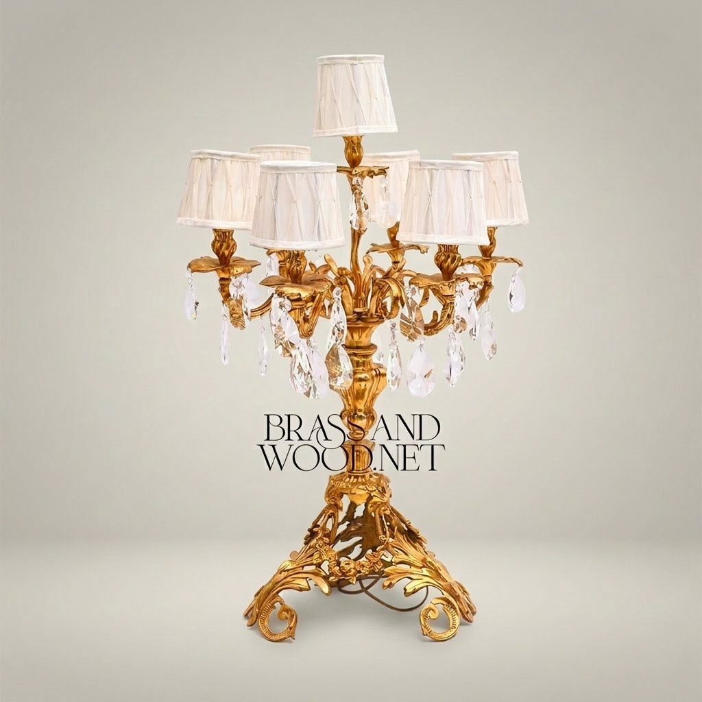 Baroque Brass Candelabra Table Lamp - 5-Arm Crystal Drops & Fabric Shades — Gold
