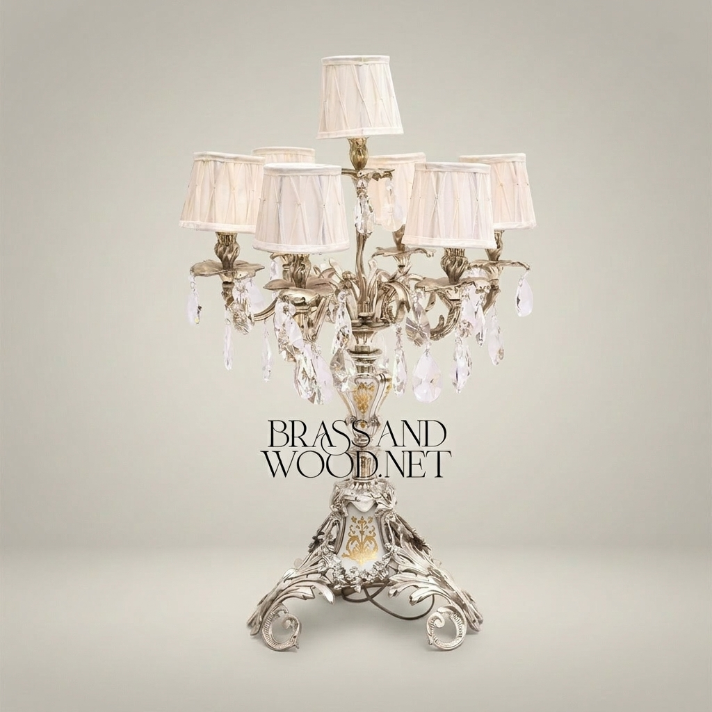 Baroque Brass Candelabra Table Lamp - 5-Arm Crystal Drops & Fabric Shades — Silver