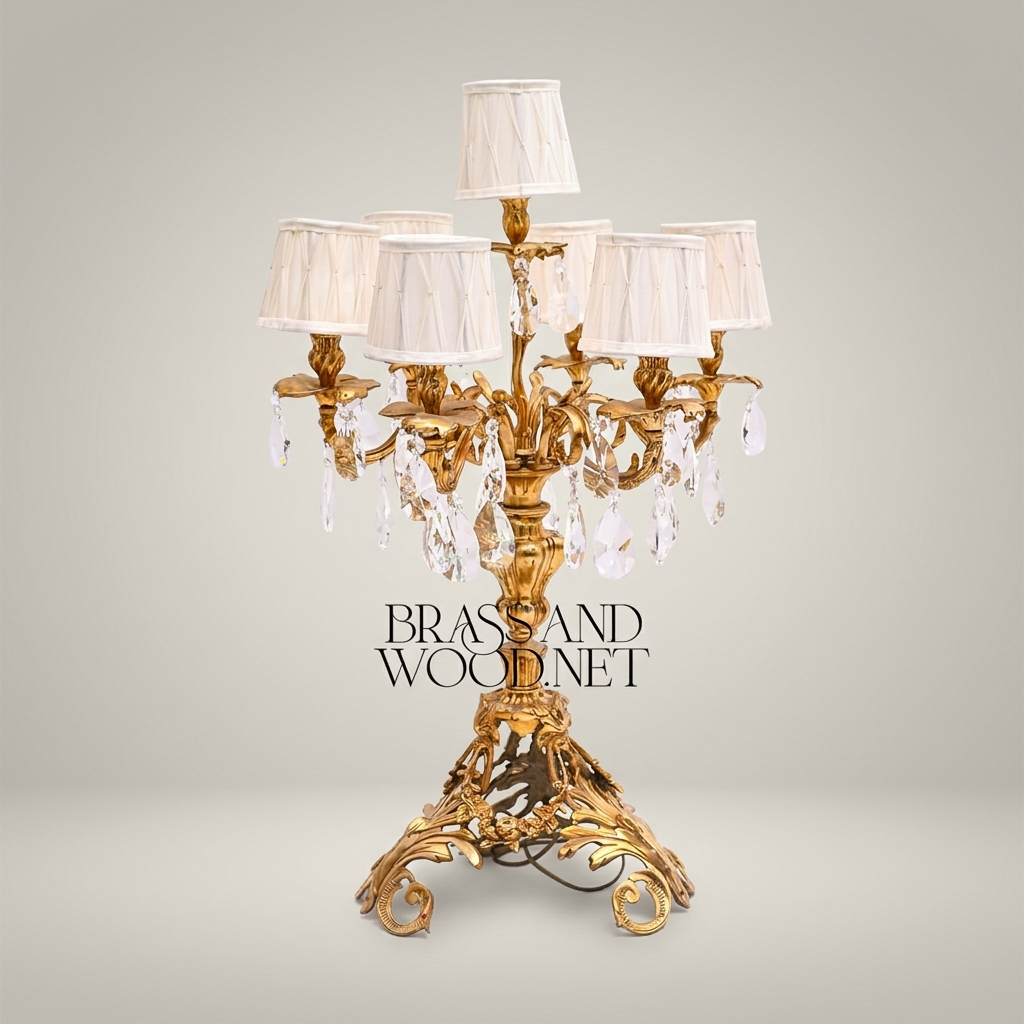 Baroque Brass Candelabra Table Lamp - 5-Arm Crystal Drops & Fabric Shades — Antique Gold