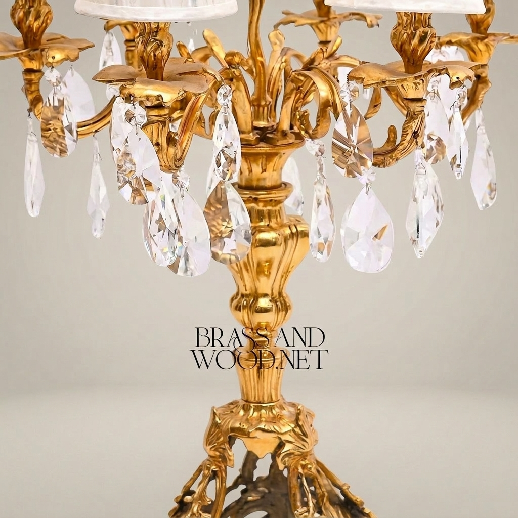 Baroque Brass Candelabra Table Lamp - 5-Arm Crystal Drops & Fabric Shades