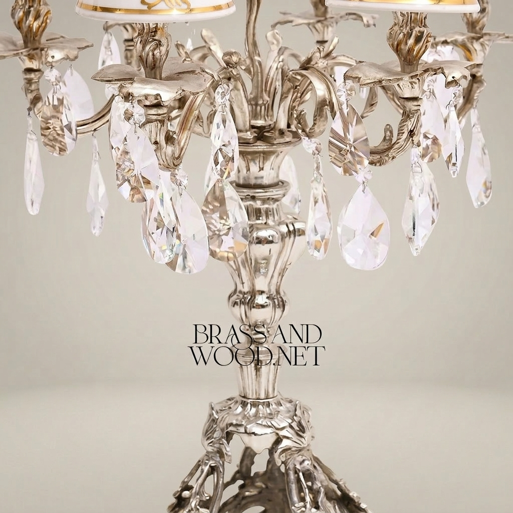 Baroque Brass Candelabra Table Lamp - 5-Arm Crystal Drops & Fabric Shades — Silver