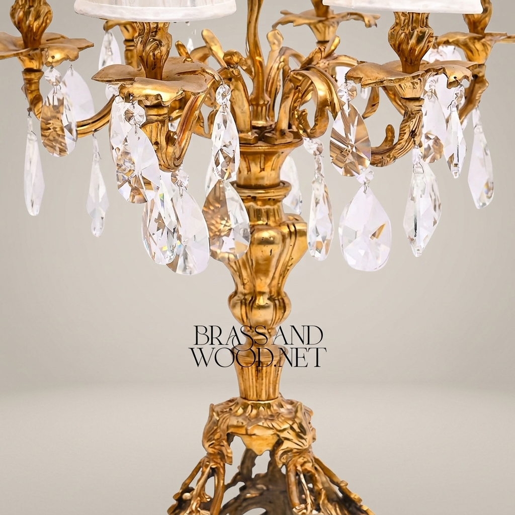 Baroque Brass Candelabra Table Lamp - 5-Arm Crystal Drops & Fabric Shades — Antique Gold