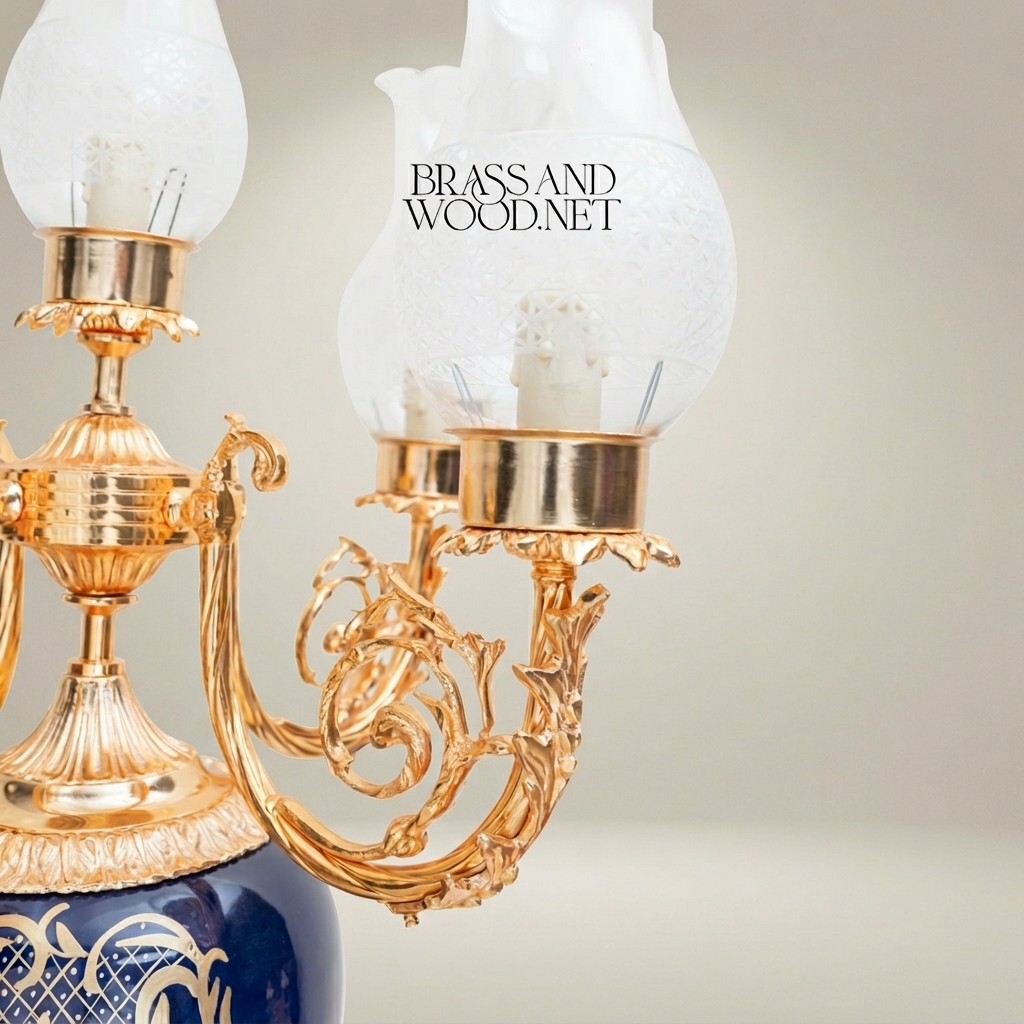Baroque Brass & Ceramic 5-Arm Candelabra Table Lamp - Floral Medallion Urn Base