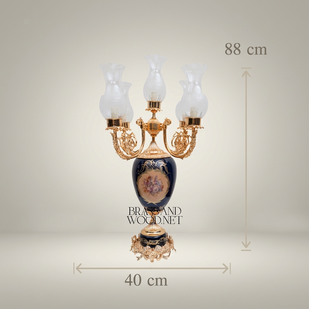 Baroque Brass & Ceramic 5-Arm Candelabra Table Lamp - Floral Medallion Urn Base — Gold