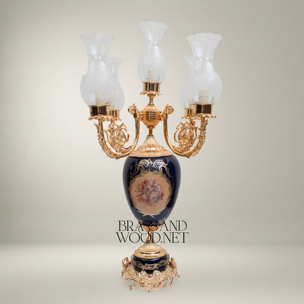 Baroque Brass & Ceramic 5-Arm Candelabra Table Lamp - Floral Medallion Urn Base