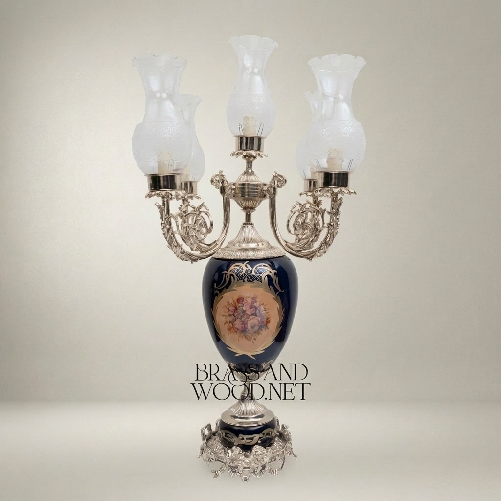 Baroque Brass & Ceramic 5-Arm Candelabra Table Lamp - Floral Medallion Urn Base — Silver
