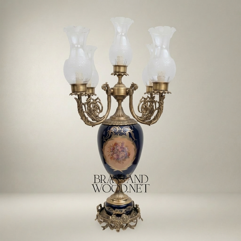Baroque Brass & Ceramic 5-Arm Candelabra Table Lamp - Floral Medallion Urn Base — Antique Gold
