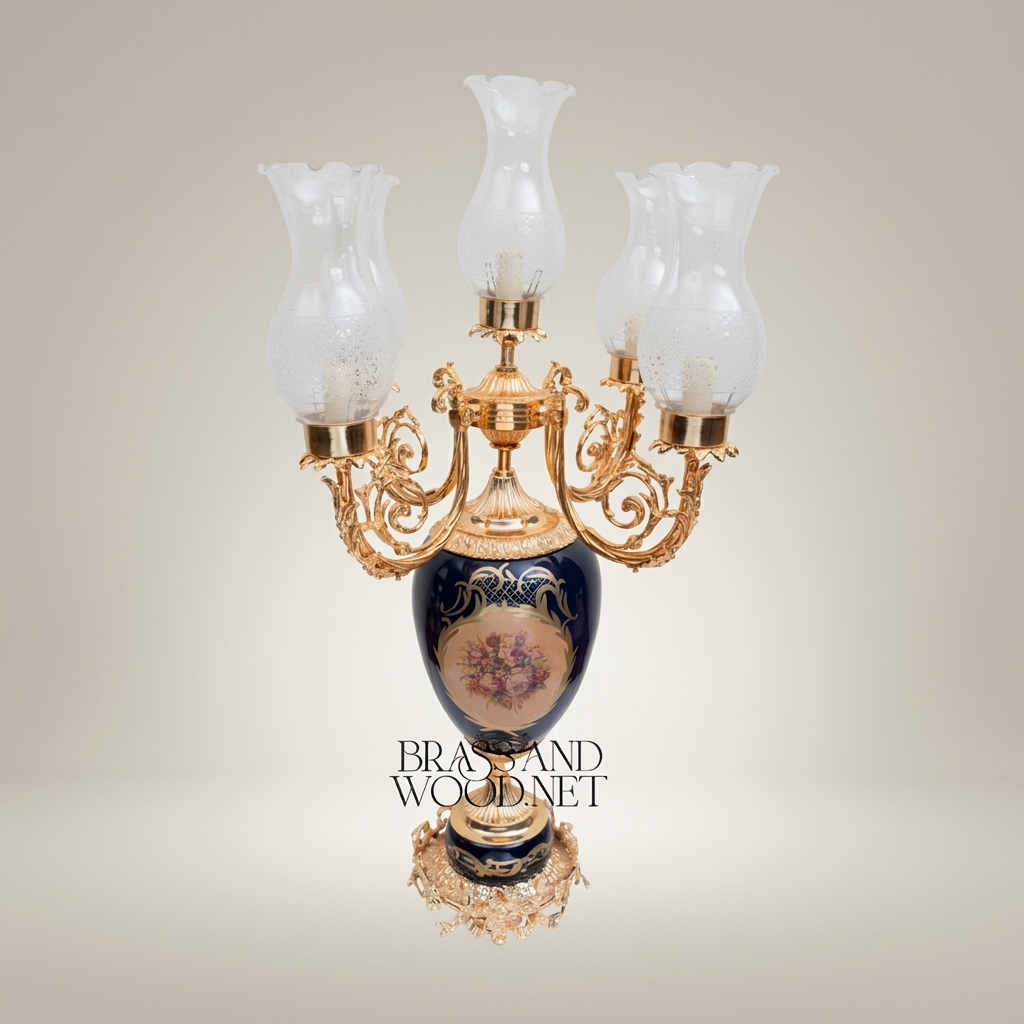 Baroque Brass & Ceramic 5-Arm Candelabra Table Lamp - Floral Medallion Urn Base