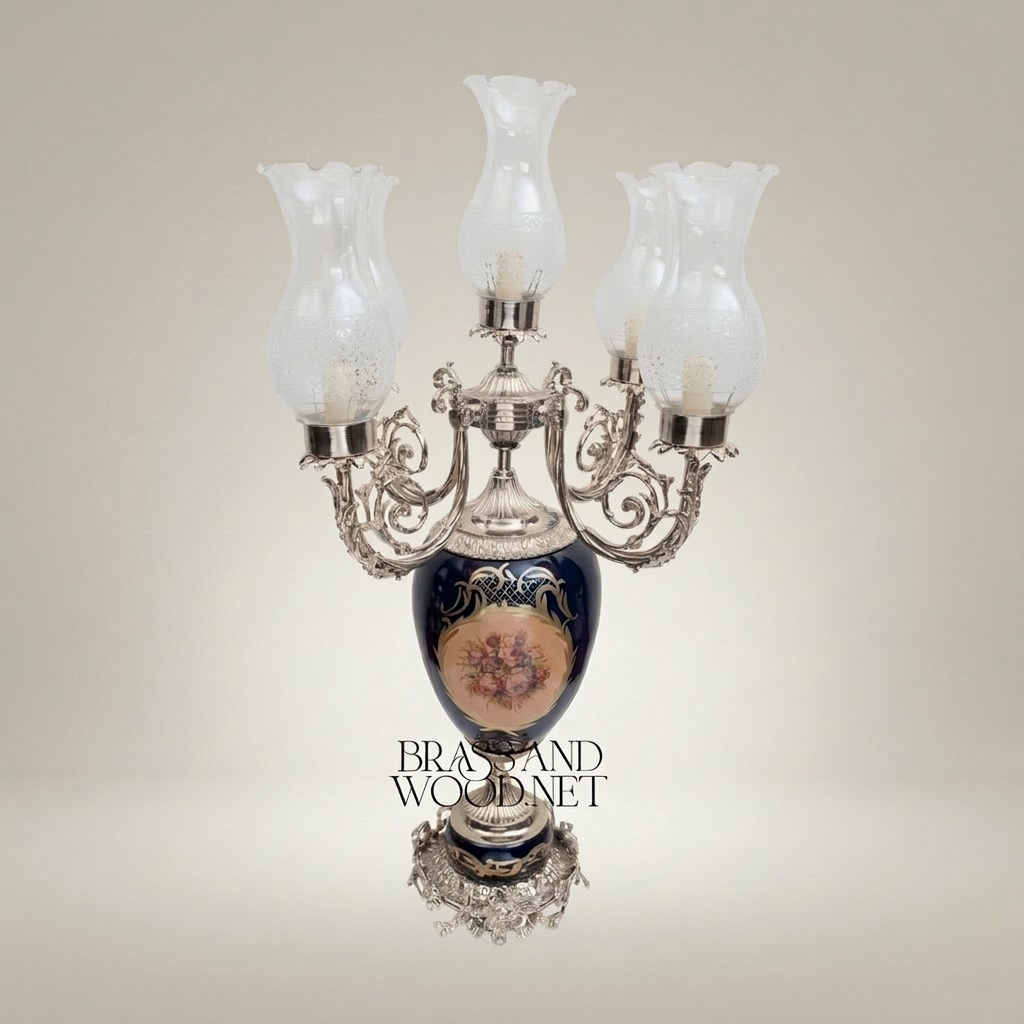Baroque Brass & Ceramic 5-Arm Candelabra Table Lamp - Floral Medallion Urn Base — Silver
