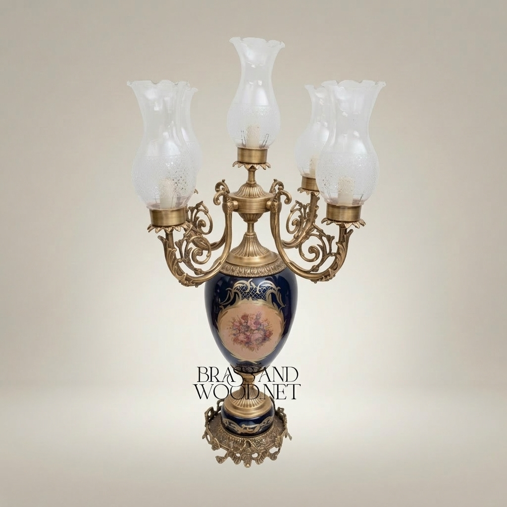 Baroque Brass & Ceramic 5-Arm Candelabra Table Lamp - Floral Medallion Urn Base — Antique Gold