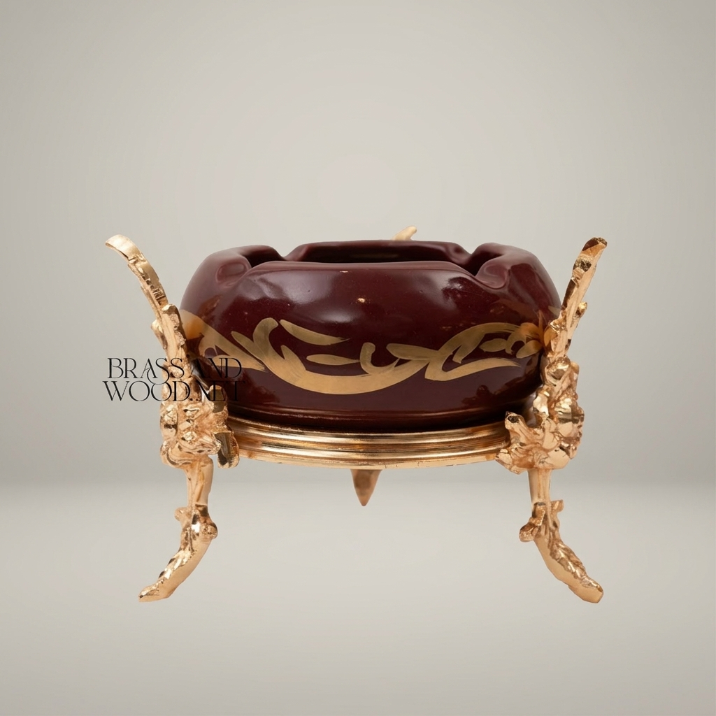 Baroque Brass & Ceramic Ashtray with Arabesque Script on Ornate Foliage Stand — Gold