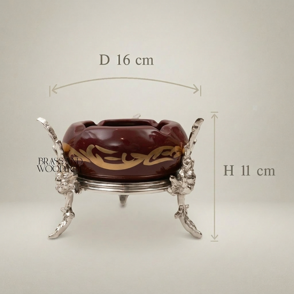 Baroque Brass & Ceramic Ashtray with Arabesque Script on Ornate Foliage Stand — Silver