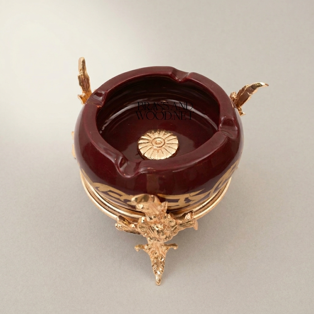 Baroque Brass & Ceramic Ashtray with Arabesque Script on Ornate Foliage Stand — Gold