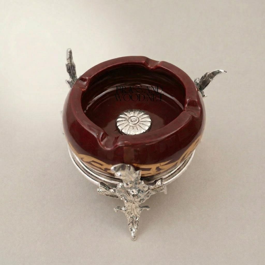 Baroque Brass & Ceramic Ashtray with Arabesque Script on Ornate Foliage Stand — Silver