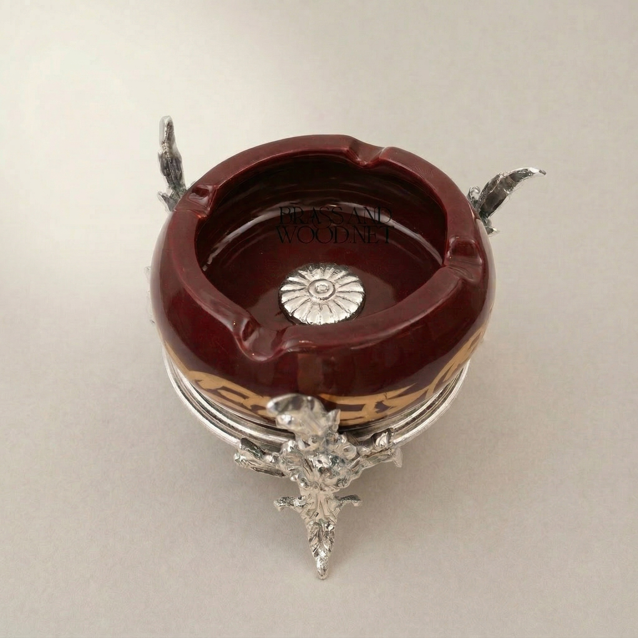 Baroque Brass & Ceramic Ashtray with Arabesque Script on Ornate Foliage Stand — Silver