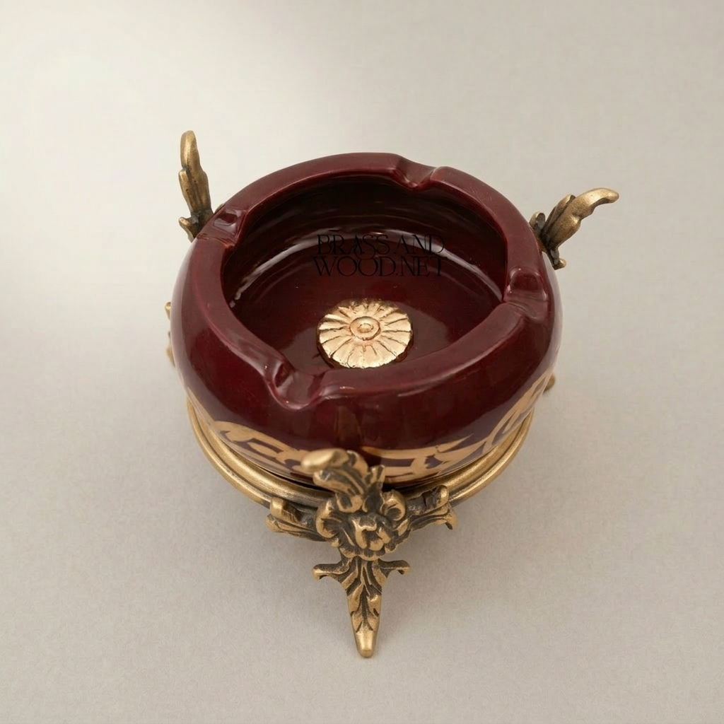 Baroque Brass & Ceramic Ashtray with Arabesque Script on Ornate Foliage Stand — Antique Gold