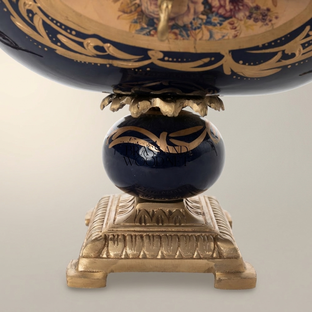 Baroque Brass & Ceramic Decorative Compote - Floral Swag Pedestal Bowl — Antique Gold