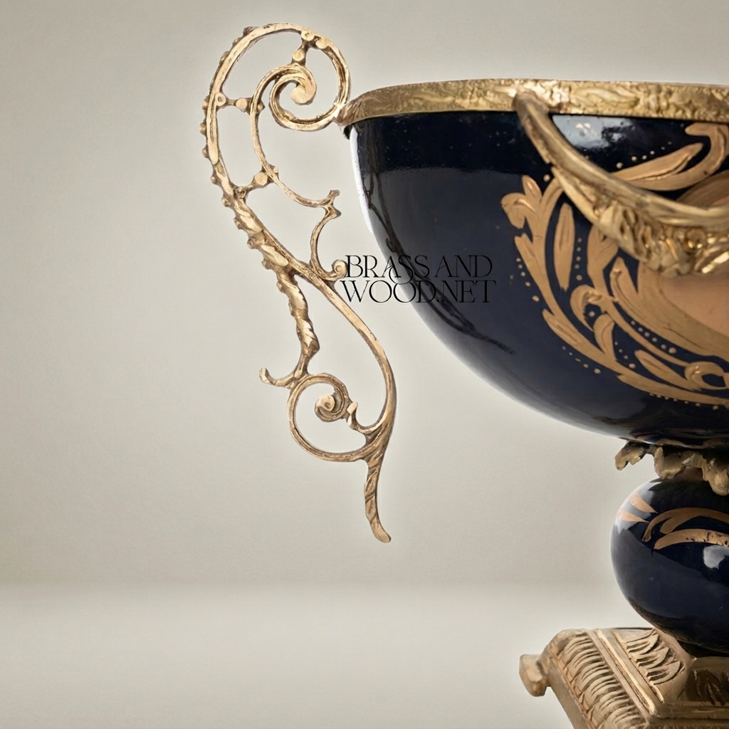 Baroque Brass & Ceramic Decorative Compote - Floral Swag Pedestal Bowl — Antique Gold