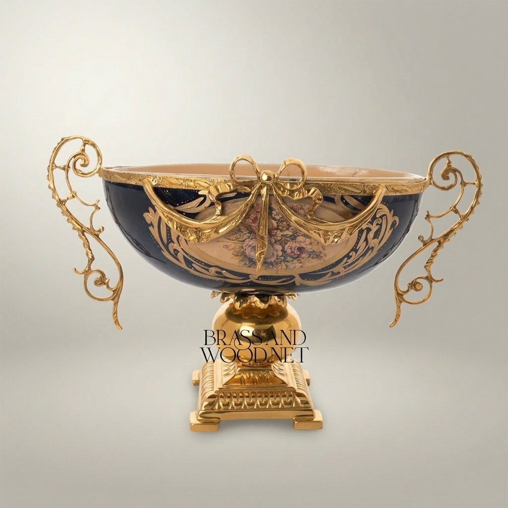 Baroque Brass & Ceramic Decorative Compote - Floral Swag Pedestal Bowl
