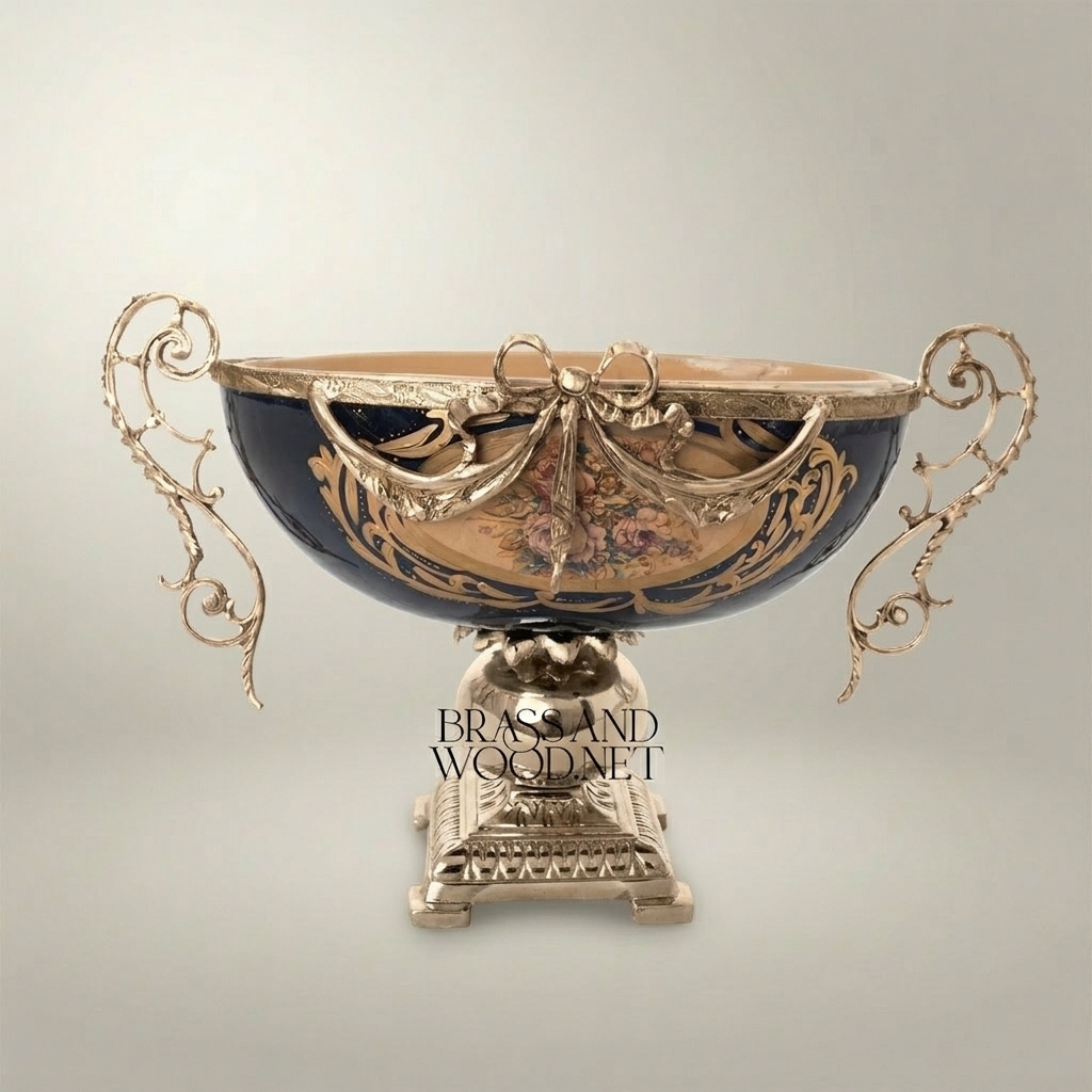 Baroque Brass & Ceramic Decorative Compote - Floral Swag Pedestal Bowl — Silver