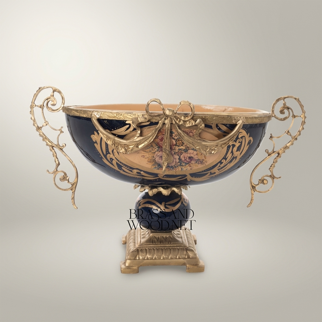 Baroque Brass & Ceramic Decorative Compote - Floral Swag Pedestal Bowl — Antique Gold
