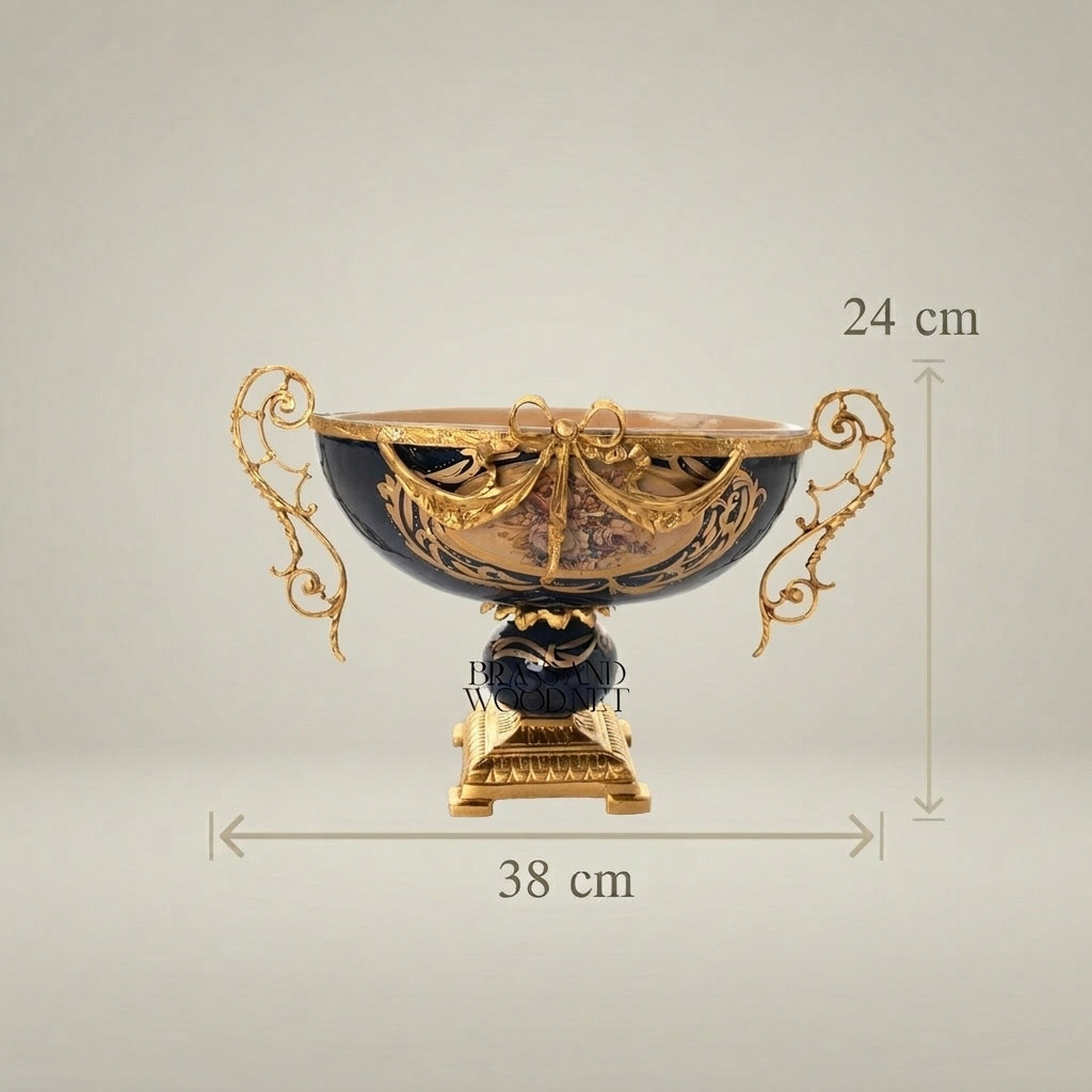Baroque Brass & Ceramic Decorative Compote - Floral Swag Pedestal Bowl