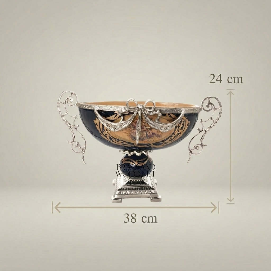 Baroque Brass & Ceramic Decorative Compote - Floral Swag Pedestal Bowl — Silver